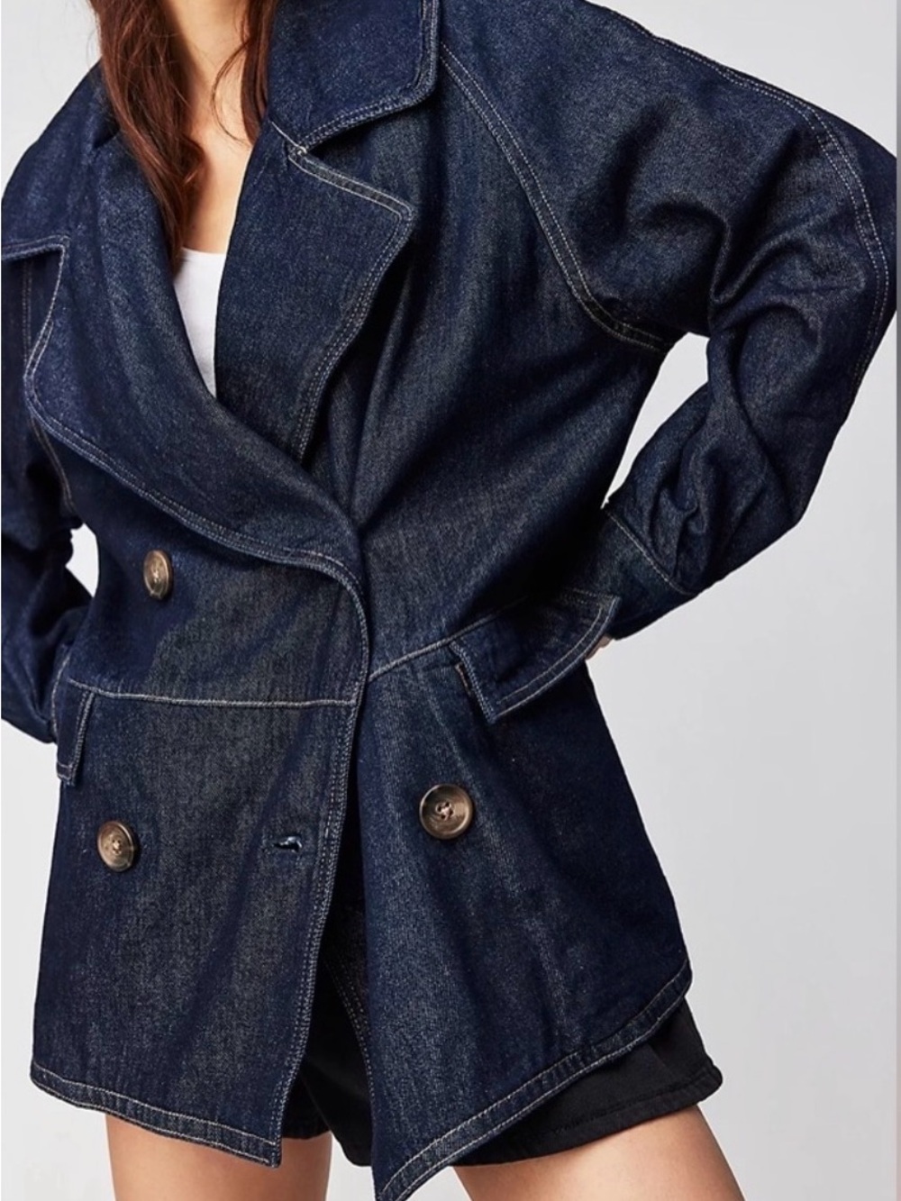 Free People Denim Car Coat Dark Indigo Oversized Jacket Large